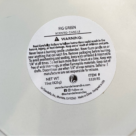 LeChandelle Candles Fig Green Scented Jar Candle 3-Wick 5320RS 15 Oz Soy Wax new - Picture 4 of 4